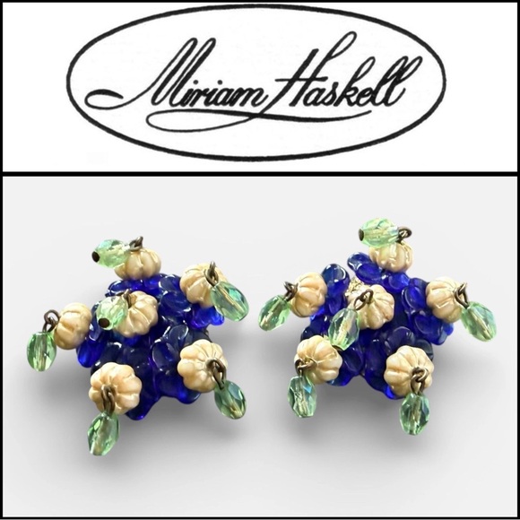 Signed Late 1920’s MIRIAM HASKELL by Frank Hess earrings Cobalt Flowers